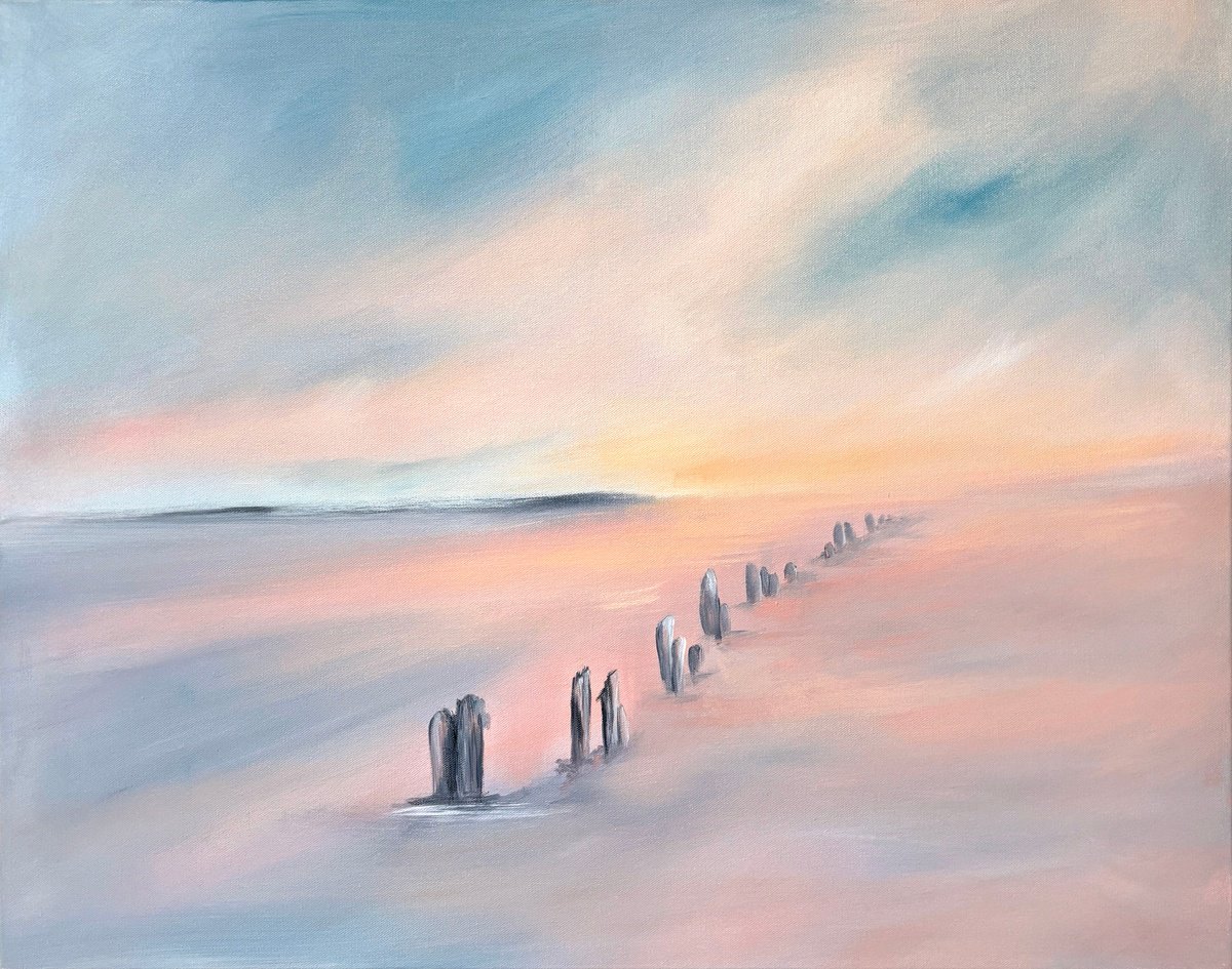 Impressionistic Landscape Acrylic Painting By Lyndsay Tarren-Leister, 30 X 24", Beach Groines At Whitby, Uk, Original Artwork