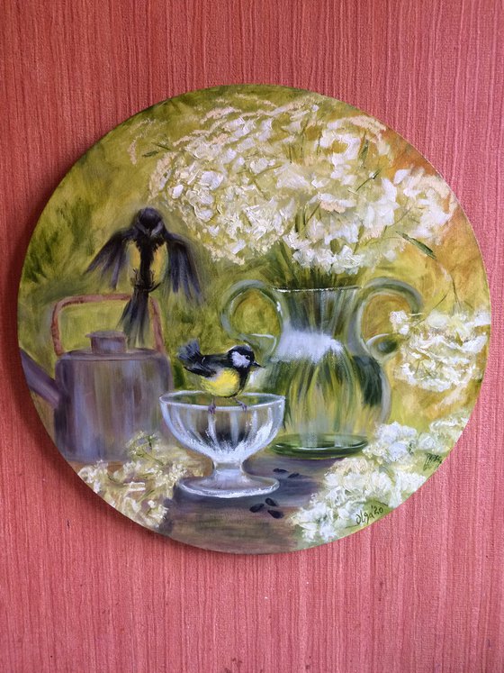 Birds and flowers - Garden guests - Round oil painting