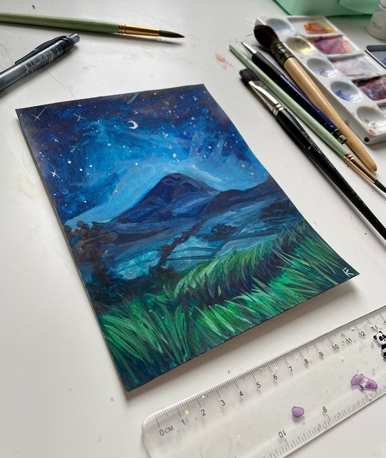 Starry Night Original Gouache Painting, Mountain Artwork, Moon Wall Art, Cottagecore Aesthetics