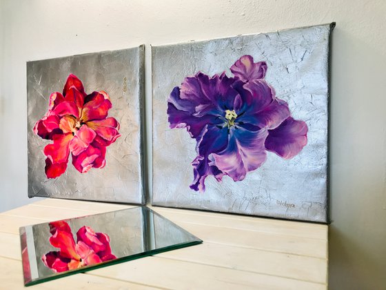 set of 2 flowers oil artworks, purple pink flower, violet gallery wall art, small original oil art on canvas, floral wall decor