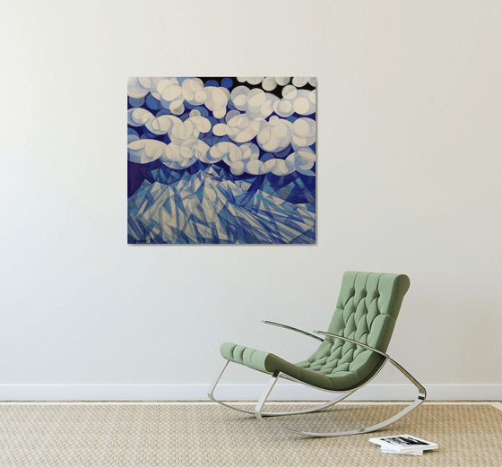 Winter evening (90x80cm, cubism, oil painting, ready to hang)