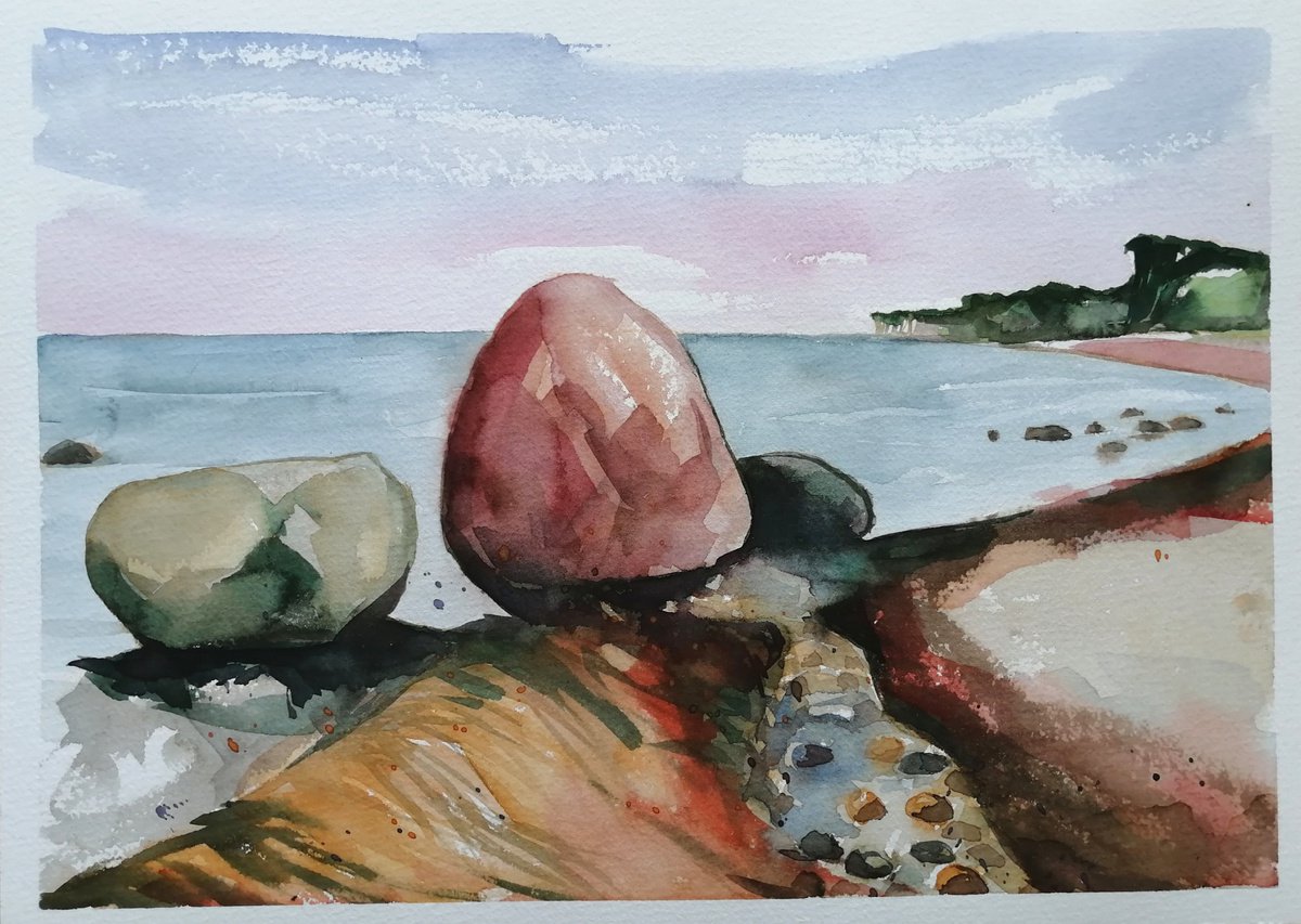 Photorealistic Landscape Watercolour By Olga David, 14 X 10", Baltic Sea Coast, Island Ruegen, Original Artwork