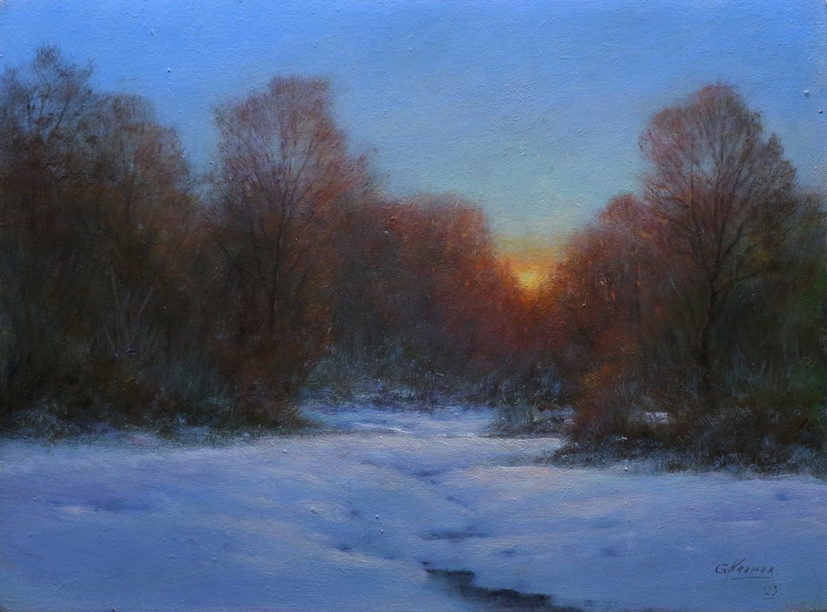 Impressionistic Landscape Acrylic Painting By Gerard Kramer, 16 X 12, Last Light, Original Artwork