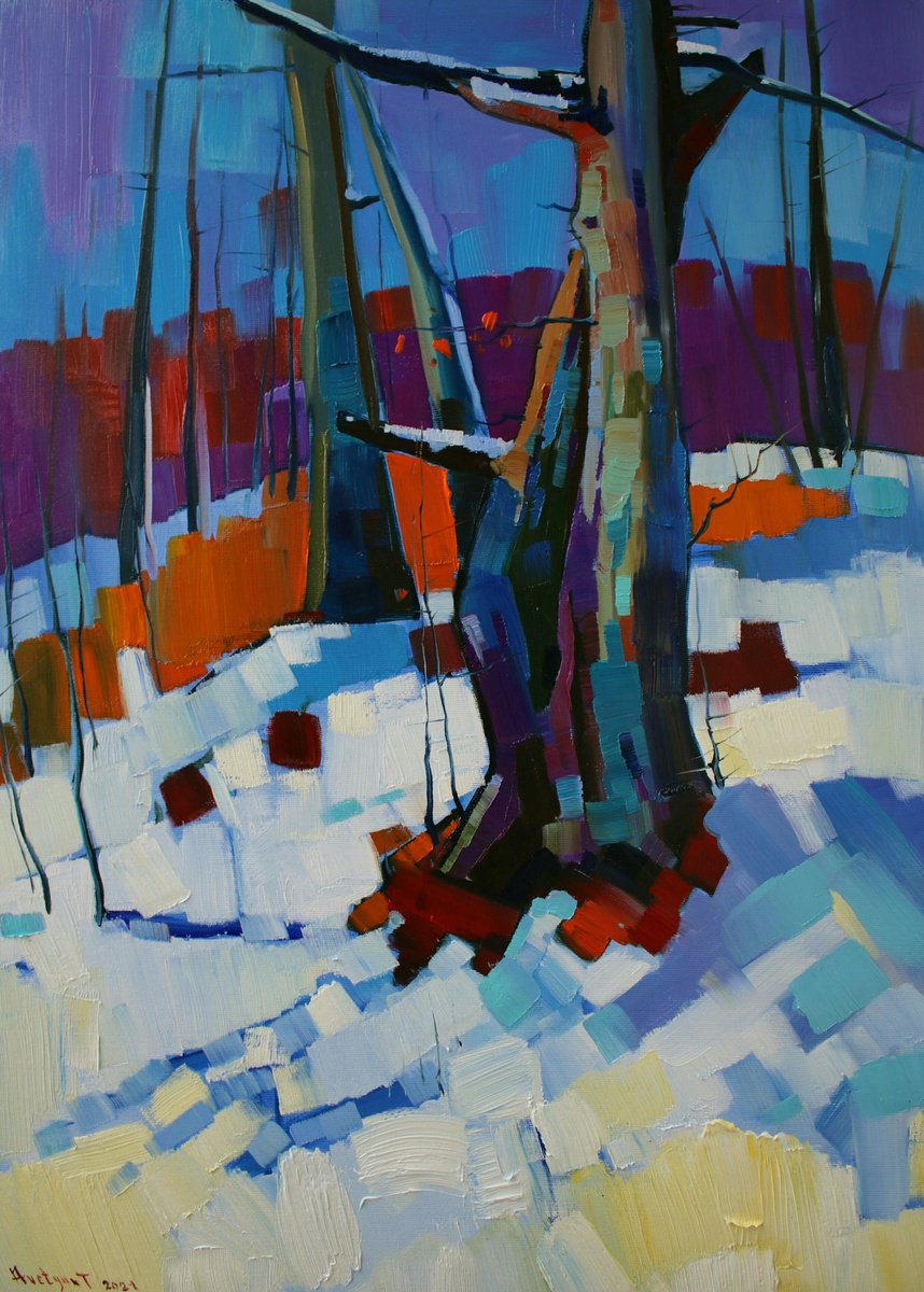 Impressionistic Landscape Oil Painting By Tigran Avetyan, 20 X 28", Winter Landscape In The Forest, Original Artwork