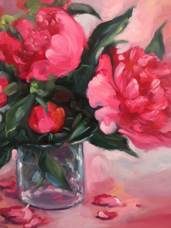 Pink  Peonies in a glass still life