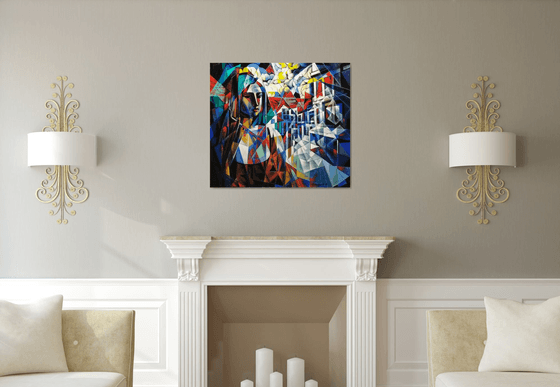 Waiting (90x80cm, cubism, oil painting, ready to hang)