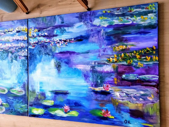 Water Lilies  184 x 76 x 2 cm inspired by Claude Monet  water reflections, diptych turquoise  purple, turquoise, blue sky