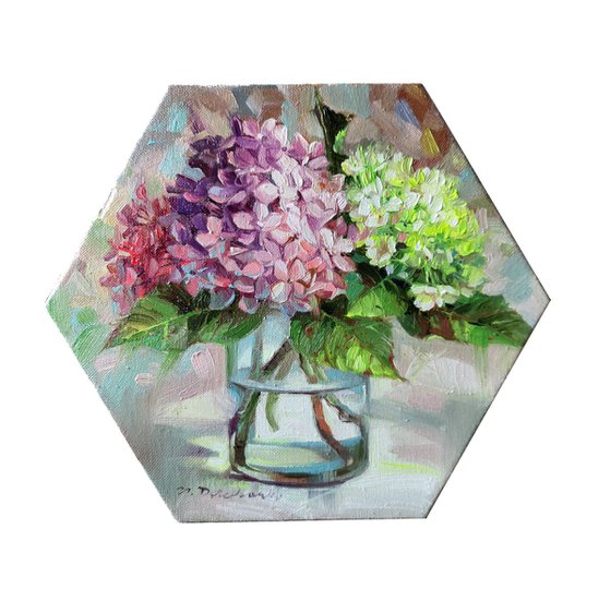 Hexagon oil painting hydrangea, Flowers painting original canvas art, Purple yellow Hortense in glass, Floral artwork oil