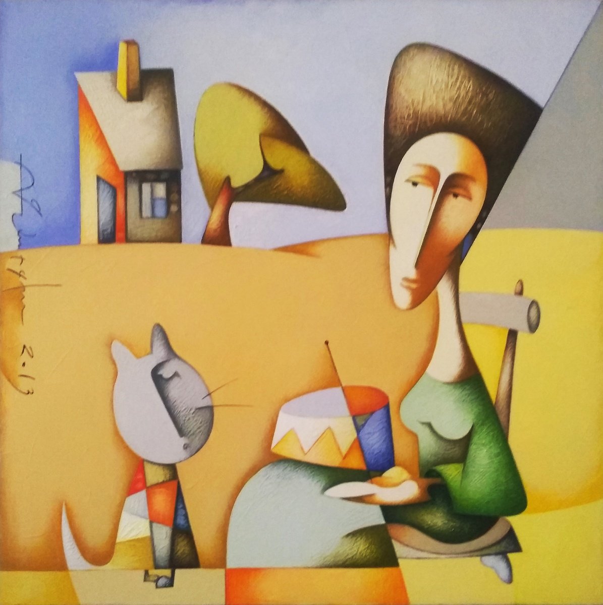 Naive Portrait Oil Painting By Sargis Zakarian, 24 X 24", With My Cat, Original Artwork