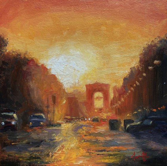 Sunset over Arc de Triomphe, Paris. Original Cityscape Oil Painting.