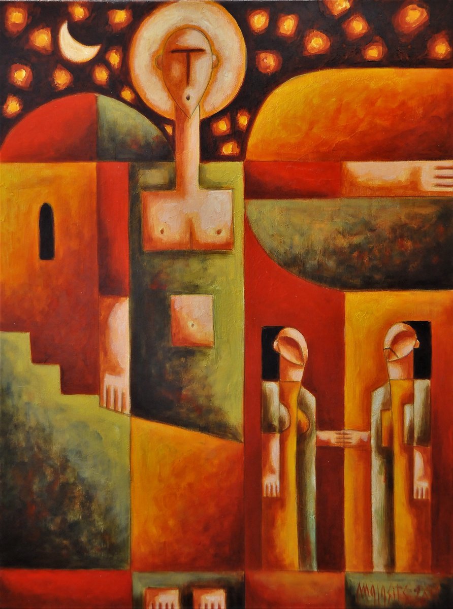 Surrealistic Portrait Oil Painting By Malasits Zsolt, 24 X 31", Love Over The Old Town, Original Artwork