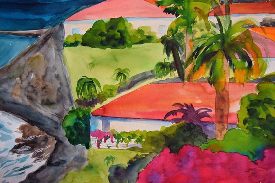 Spanish big watercolor painting Tropical sea, mountains, resort houses and flowers on Canary Islands