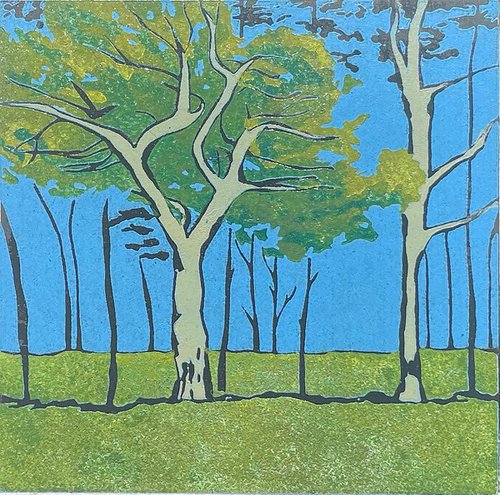 Tree line print- Pine Trees - Nature Linocut Print by C Staunton