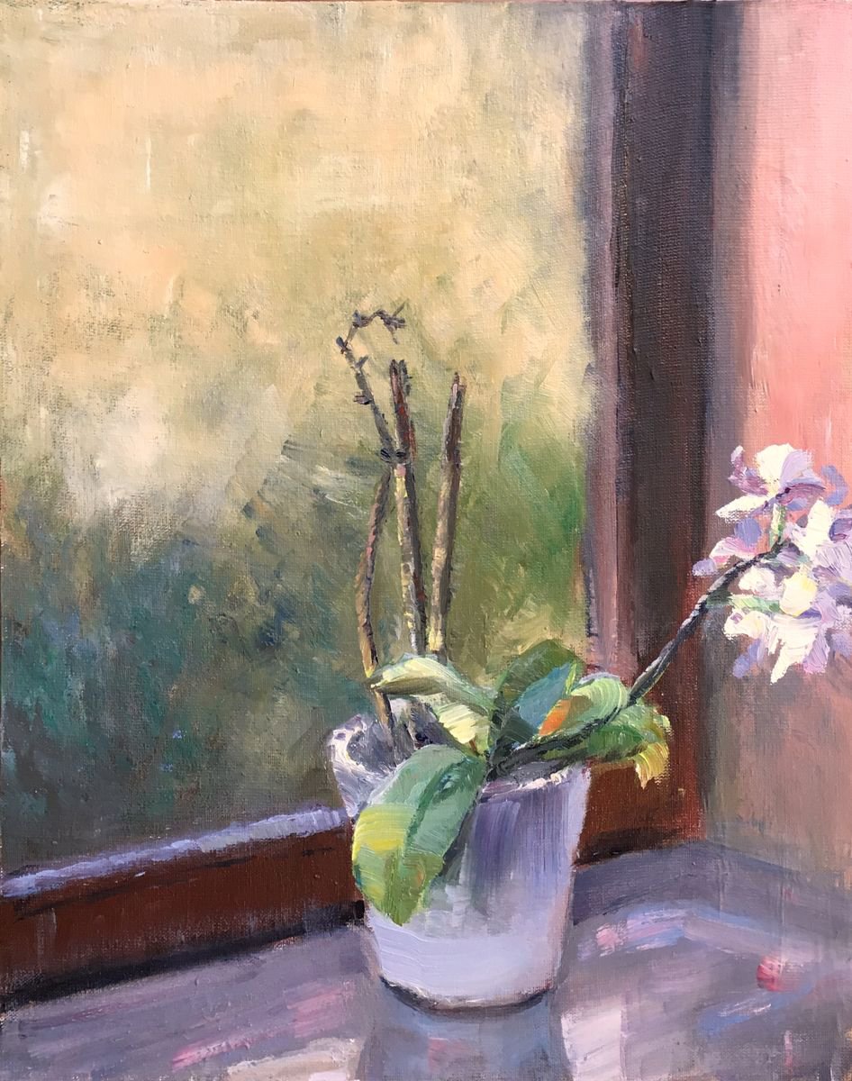 Original Still Life Painting - Orchids by my Window by Nithya Swaminathan