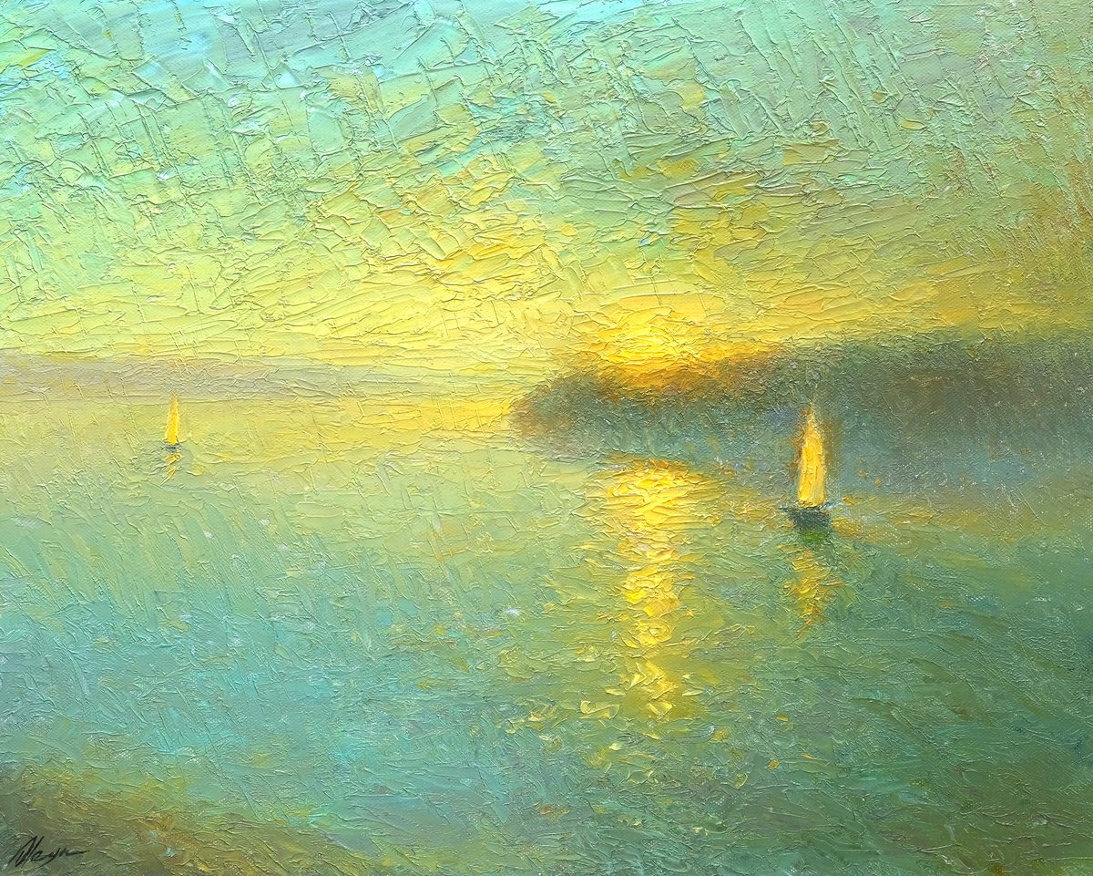 Impressionistic Landscape Oil Painting By Dmitry Oleyn, 20 X 16, Rainy River, Original Artwork