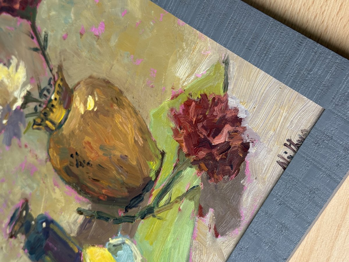 Impressionistic Still Life Oil Painting By Nithya Swaminathan, 13 X 13", Copper Vase And Some Lemons, Original Artwork