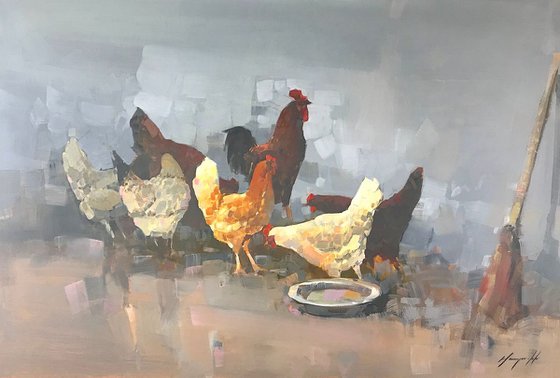 Hens, oil painting, One of a kind, Signed, Handmade artwork