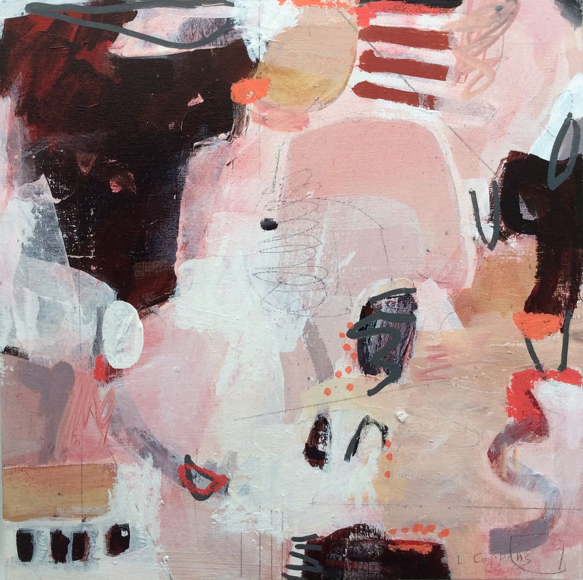 Abstract Acrylic Painting By Linda Coppens, 12 X 12", Pinks On The Go N3, Original Artwork