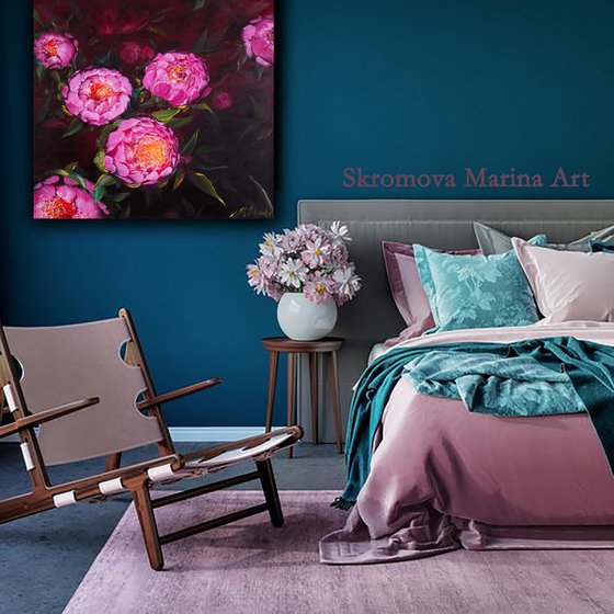 EVENING COOLNESS - Original. Pink flowers. Unusual peonies. Dark background. Floral art. Hand painting. Dust.