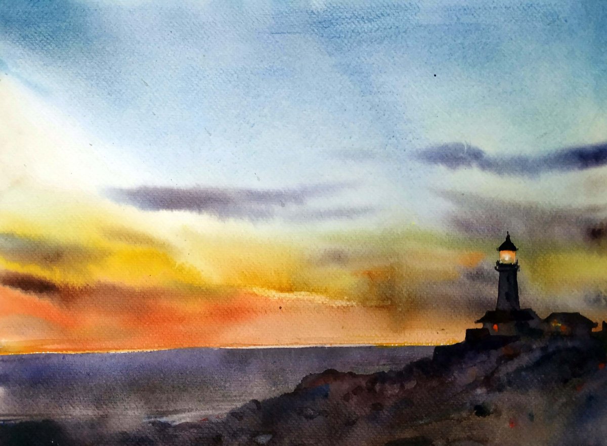 Impressionistic Landscape Watercolour By Samiran Sarkar, 14 X 11", Sunset Lighthouse, Original Artwork
