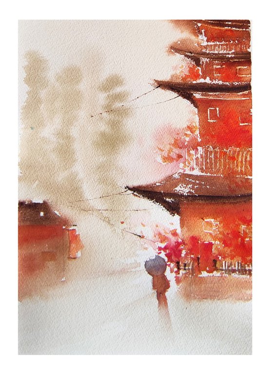 Japan Cityscape with Pagoda in Red Watercolour Original Painting