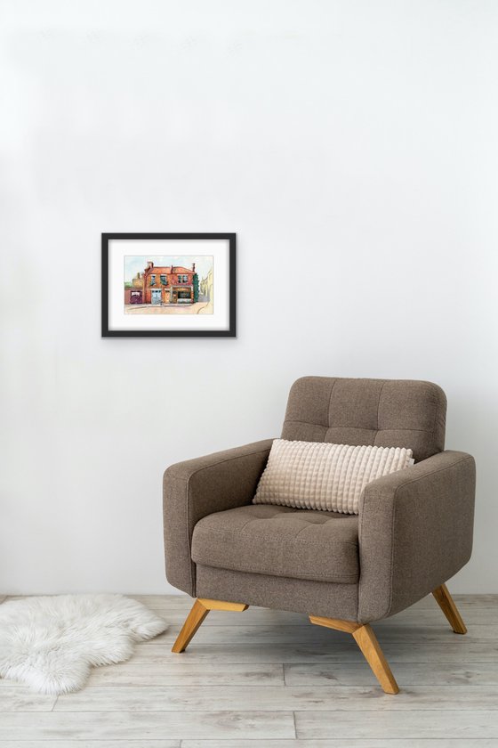 Cozy brick house in a provincial town. Original watercolor artwork.