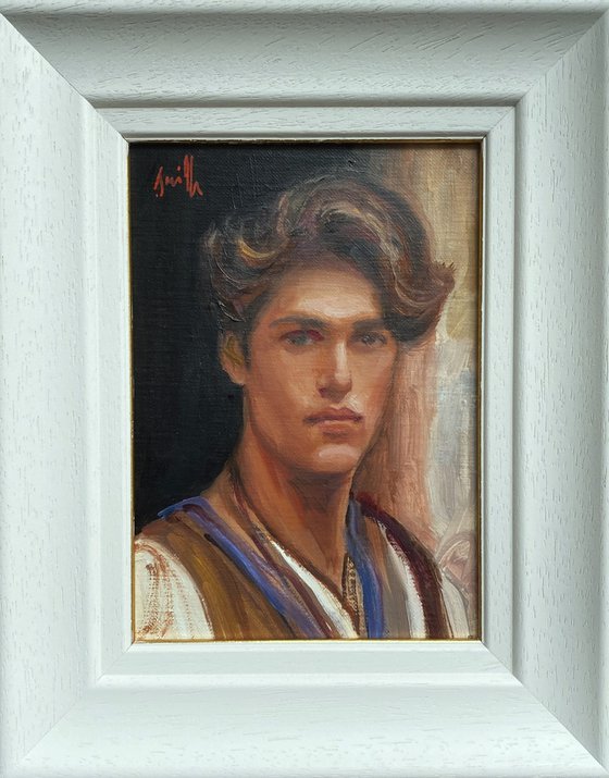 Impressionist style Male portrait oil painting, with wooden frame.