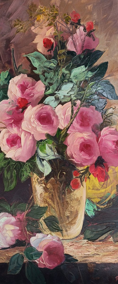 Still life pink roses (60x90cm, oil painting, ready to hang) by Kamo Atoyan