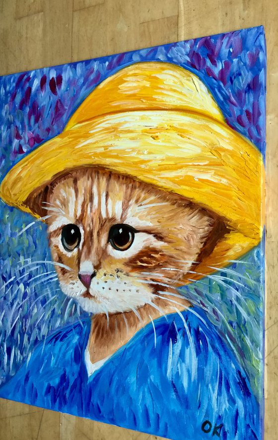 Cat La Van Gogh in a straw hat modern oil painting feline art Van Gogh influence art for animal lovers