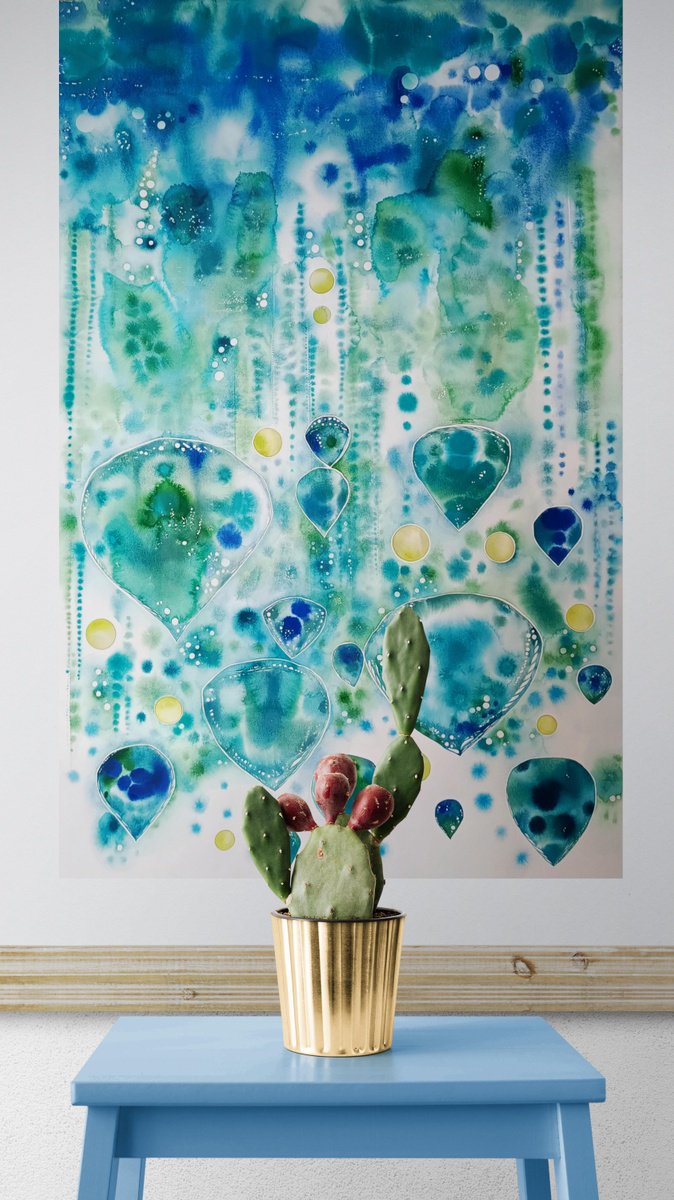 Organic Abstract Watercolour By Ilaria Finetti, 26 X 40, Turquoise Motion 3, Original Artwork
