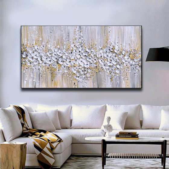 Full Bloom - Original Abstract FlowerPainting, Abstract Gold Leaf Painting, White Flower Painting, Size: 48 x 24 inches (120 x 60 cm)