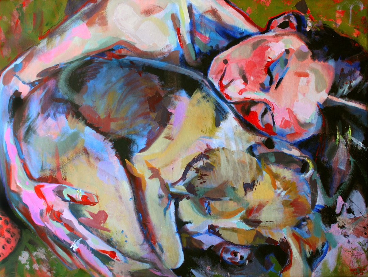 Expressive Portrait Acrylic Painting By Iryna Tymkul, 31 X 24, Embraced, Original Artwork