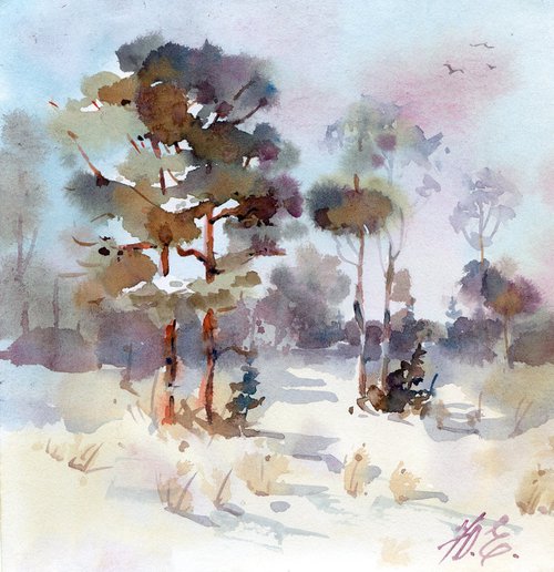Snowy landscape / Winter forest in watercolor by Yulia Evsyukova