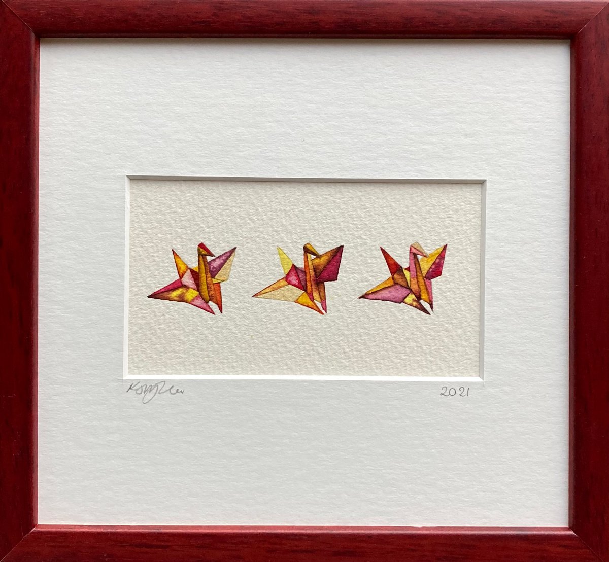 Three Paper Cranes, Framed Watercolour Painting by Kate Mac