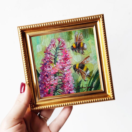 Bumblebee oil painting original small framed, Bee art small painting framed picture