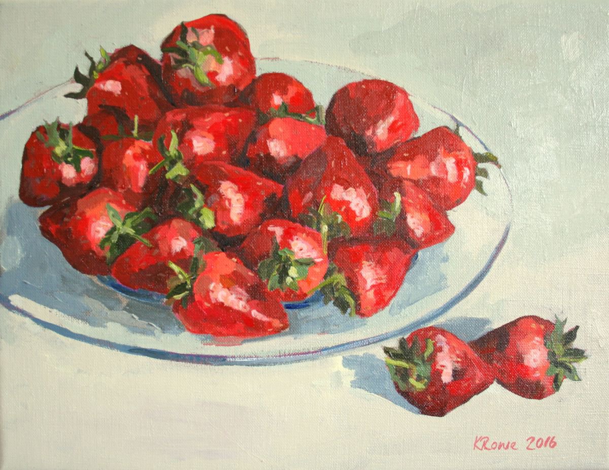 Strawberries on glass dish by Katharine Rowe