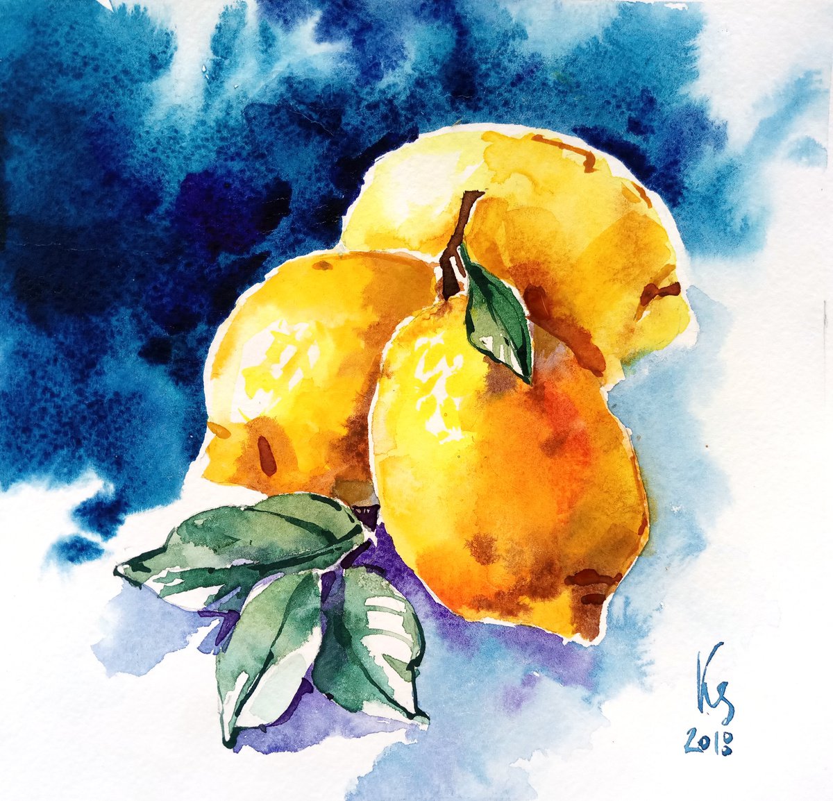 Contrasting still life Lemons on a dark background original watercolor artwork by Ksenia Selianko