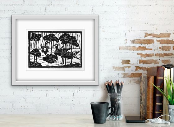 Bernaches du Canada - Small linocut print limited edition of 9