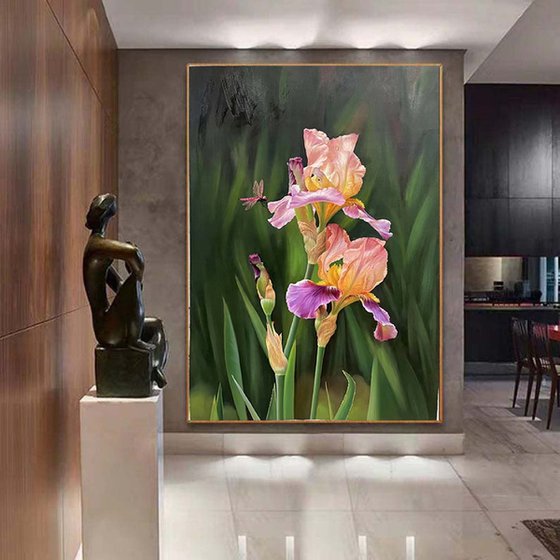 Realism oil painting:flowers with dragonfly t216