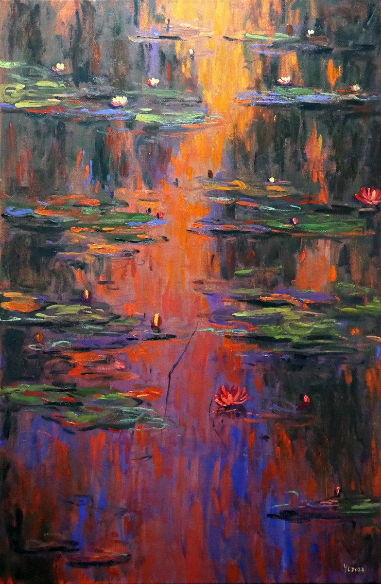 Impressionistic Landscape Oil Painting By Yuanyuan Liu, 24 X 35", Lotus Leaves, Original Artwork