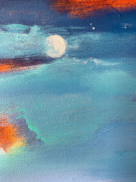 Minimalistic small landscape - "Orange sky" - Minimalism - Expressionist seascape - moon - sunset