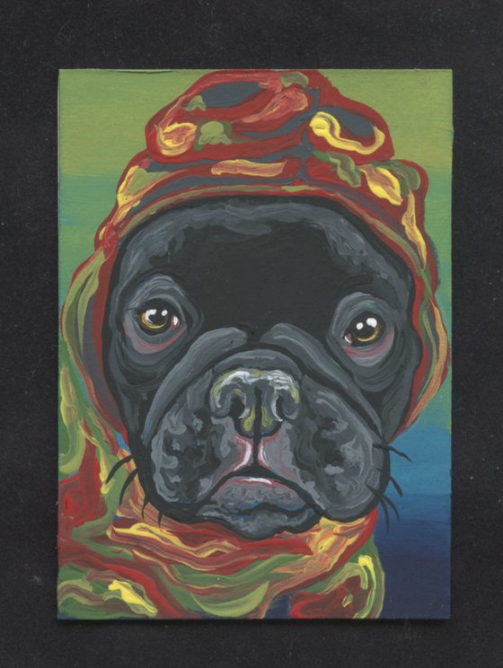 ACEO ATC Original Miniature Painting Black French Bulldog Pet Dog Art-Carla Smale