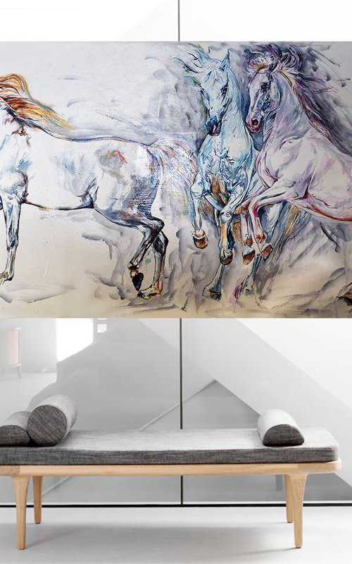 3 colors / Horses 60" x 29" X Large painting / Modern Equine Contemporary by Anna Sidi-Yacoub