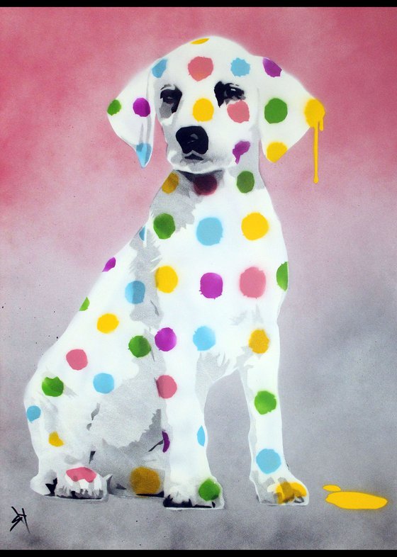 Damien's dotty, spotty, puppy dawg (pink on plain paper)+ free poem.