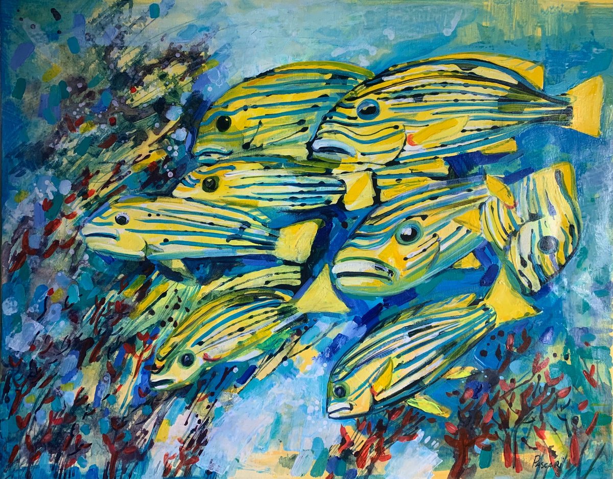 Impressionistic Animal Acrylic Painting By Olga Pascari, 31 X 25", Caribbean Fish, Original Artwork
