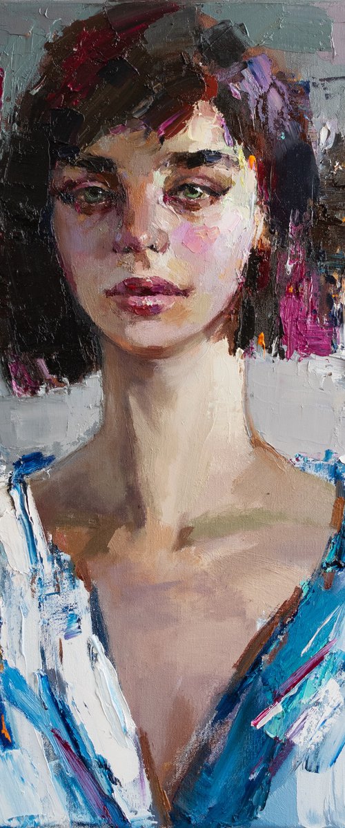 Girl in white - textured portrait - Original oil female portrait painting by Anastasiia Valiulina