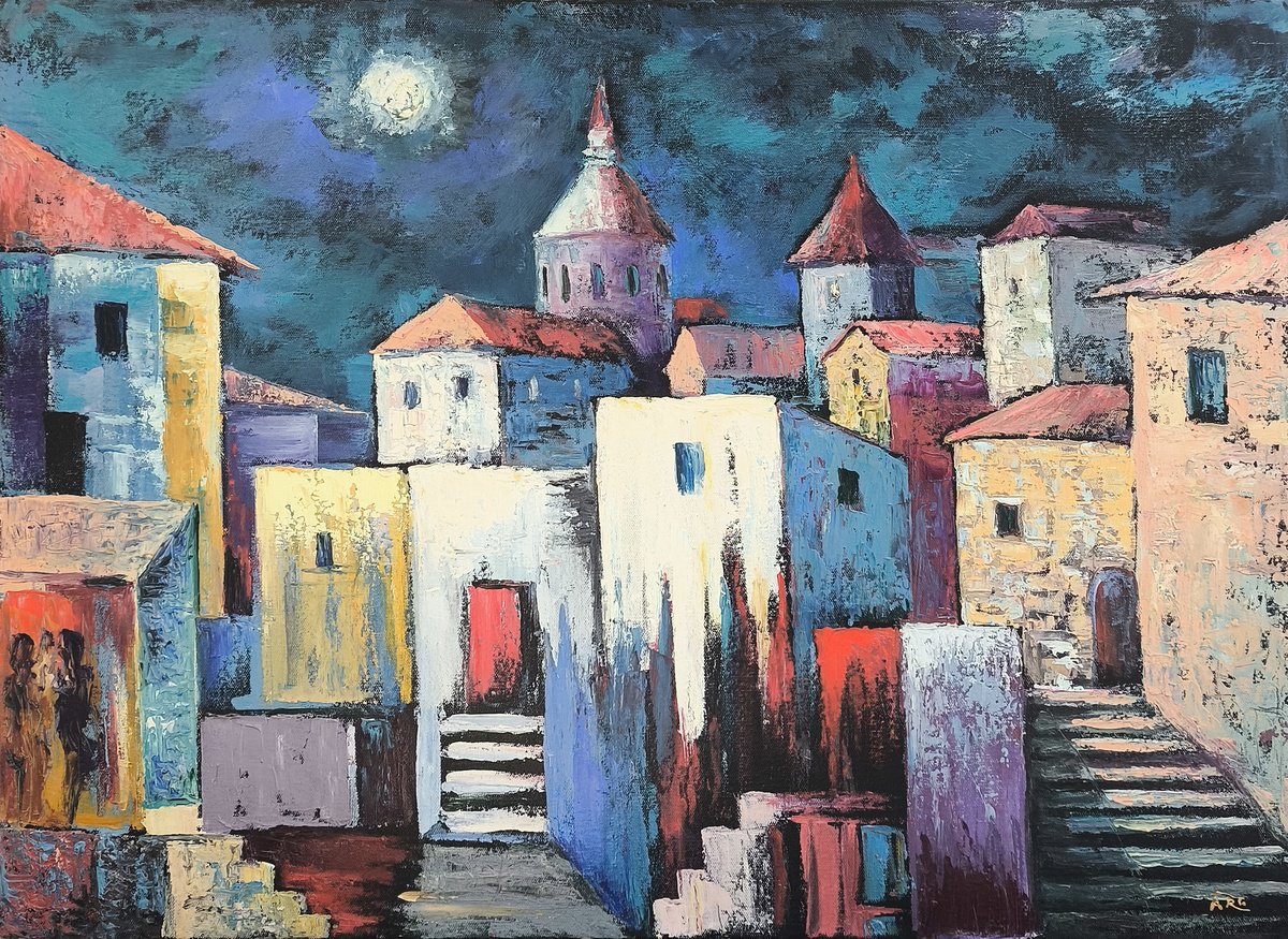 Impressionistic Cityscapes Oil Painting By Arto Mkrtchyan, 28 X 20, Moonlit Town, Original Artwork
