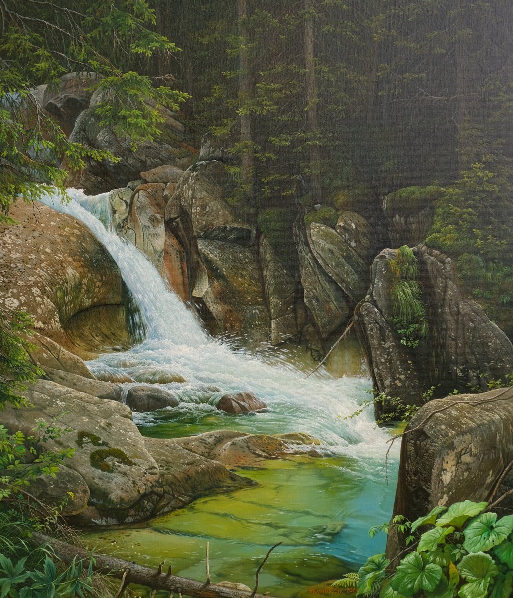 Photorealistic Landscape Oil Painting By Mlynarcik Emil, 24 X 28", Rocks In A Mountain Stream, Original Artwork