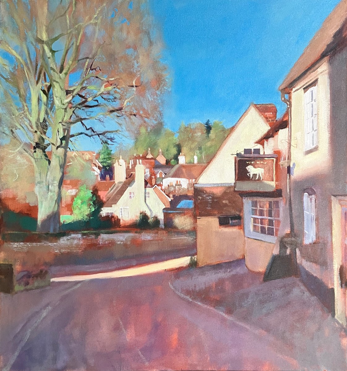 Photorealistic Landscape Oil Painting By John Welsh, 28 X 30, Droxford, The White Horse, Original Artwork