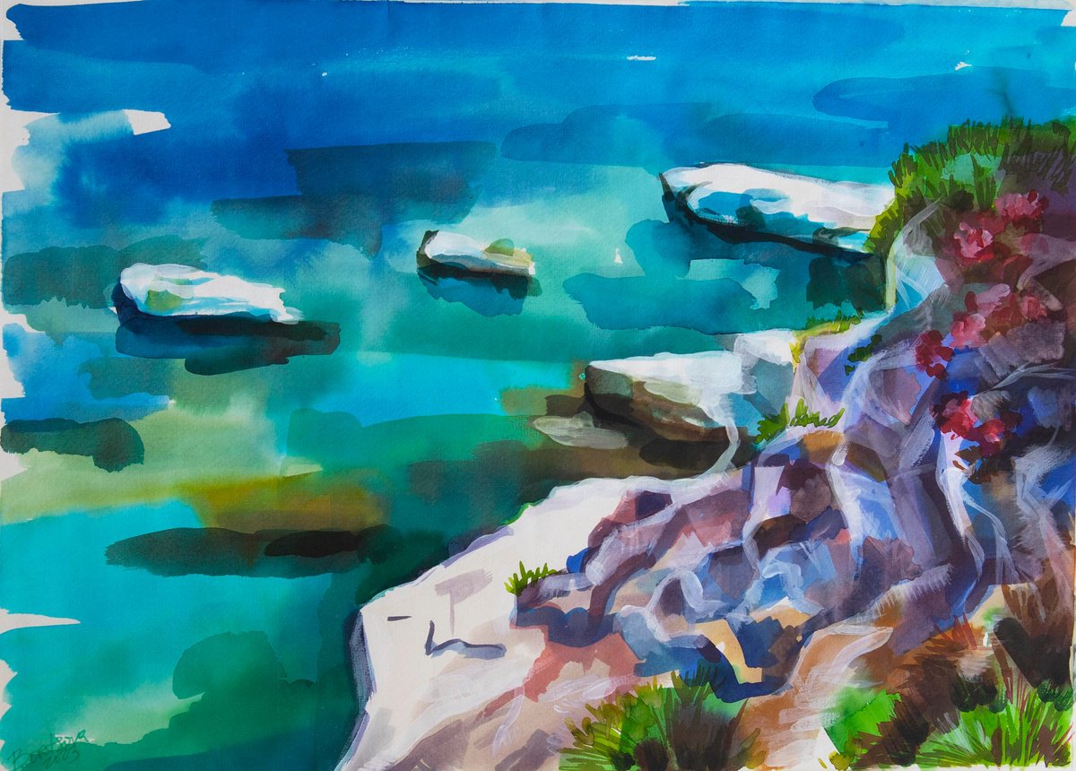 Impressionistic Landscape Watercolour By Kateryna Bortsova, 21 X 15", Summer Sea Painting, Original Artwork